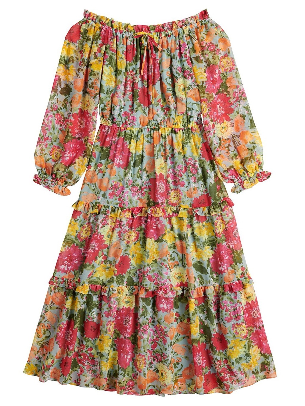 LC Lauren Conrad Floral Off-Shoulder Tiered Midi Dress in Pink, Yellow, Green